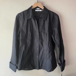 Calvin Klein Wrinkle Free Pinpoint Oxford Button Up Blouse, Black, Size 12